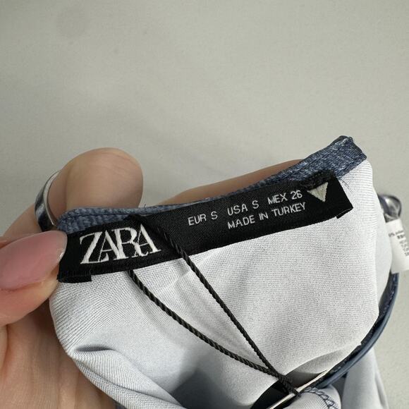 Zara Dress Womens Small Blue Denim Jean Print Satin Slip Maxi Y2K Backless Party - Picture 10 of 15